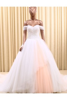 Tulle Off-the-Shoulder Chapel Train Ball Gown Dress with Pearl