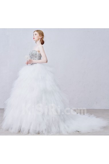 Tulle, Satin Sweetheart Chapel Train Sleeveless Ball Gown Dress with Rhinestone, Bead, Sequins