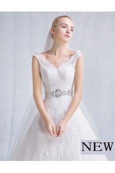 Tulle, Lace V-neck Chapel Train Sleeveless A-line Dress with Sash