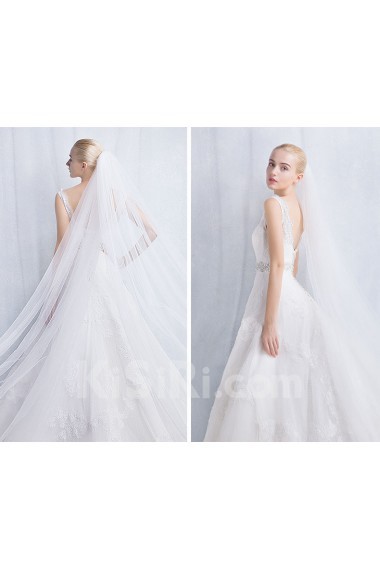 Tulle, Lace V-neck Chapel Train Sleeveless A-line Dress with Sash