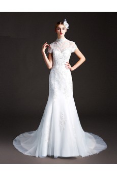 Tulle, Lace High Collar Chapel Train Cap Sleeve Mermaid Dress with Sequins, Beads