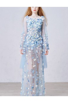 Tulle Scoop Floor Length Long Sleeve Sheath Dress with Handmade Flowers