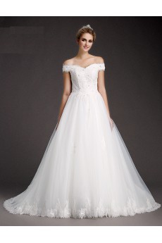 Lace, Tulle Off-the-Shoulder Chapel Train A-line Dress with Sequins