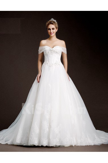 Lace, Tulle Off-the-Shoulder Cathedral Train A-line Dress with Handmade Flowers