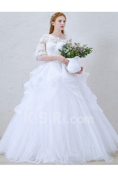 Lace, Tulle, Satin Jewel Floor Length Three-quarter Ball Gown Dress with Sequins, Beads