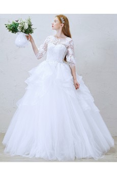 Lace, Tulle, Satin Jewel Floor Length Three-quarter Ball Gown Dress with Sequins, Beads