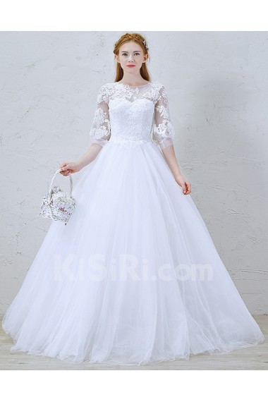 Lace, Tulle, Satin Jewel Floor Length Three-quarter Ball Gown Dress with Sequins, Beads