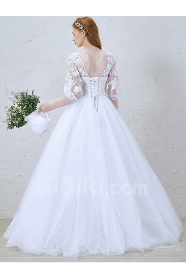 Lace, Tulle, Satin Jewel Floor Length Three-quarter Ball Gown Dress with Sequins, Beads