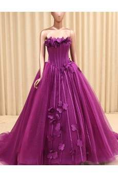 Organza Strapless Sweep Train Sleeveless Ball Gown Dress with Handmade Flowers