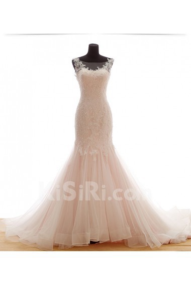 Lace, Tulle Scoop Cathedral Train Sleeveless Mermaid Dress with Sequins, Beads