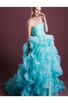 Tulle, Satin Strapless Sweep Train Sleeveless Ball Gown Dress with Pearl