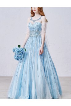Tulle Scoop Floor Length Sleeveless A-line Dress with Sequins, Rhinestone