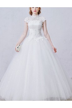 Lace, Tulle, Tulle High Collar Floor Length Cap Sleeve Ball Gown Dress with Handmade Flowers, Rhinestone, Bead