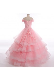 Tulle, Satin Off-the-Shoulder Floor Length Ball Gown Dress with Lace