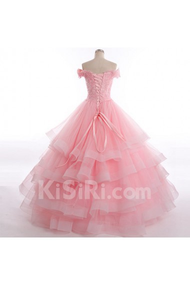 Tulle, Satin Off-the-Shoulder Floor Length Ball Gown Dress with Lace