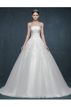 Tulle, Lace, Satin Strapless Sweep Train Sleeveless A-line Dress with Sequins