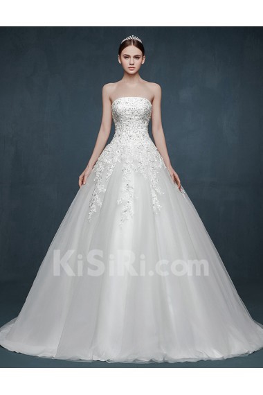 Tulle, Lace, Satin Strapless Sweep Train Sleeveless A-line Dress with Sequins