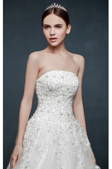 Tulle, Lace, Satin Strapless Sweep Train Sleeveless A-line Dress with Sequins
