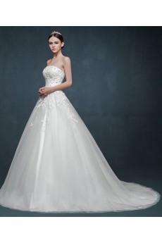 Tulle, Lace, Satin Strapless Sweep Train Sleeveless A-line Dress with Sequins