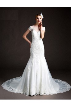 Tulle, Lace Jewel Cathedral Train Cap Sleeve Mermaid Dress with Beads