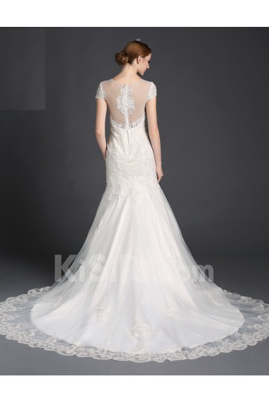 Tulle, Lace Jewel Cathedral Train Cap Sleeve Mermaid Dress with Beads