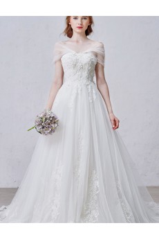 Lace, Tulle Strapless Sweep Train Sleeveless A-line Dress with Handmade Flowers