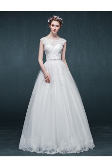 Tulle, Satin Scoop Floor Length Cap Sleeve A-line Dress with Rhinestone, Sash