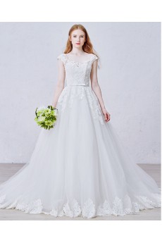 Lace, Tulle, Satin Scoop Chapel Train Cap Sleeve A-line Dress with Flower