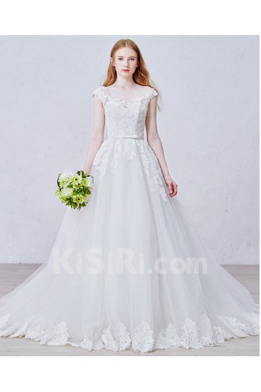 Lace, Tulle, Satin Scoop Chapel Train Cap Sleeve A-line Dress with Flower