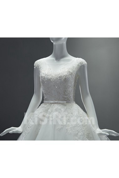Lace, Tulle, Satin Scoop Chapel Train Cap Sleeve A-line Dress with Flower