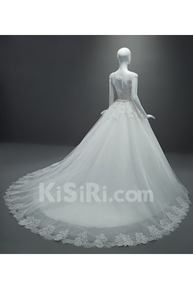 Lace, Tulle, Satin Scoop Chapel Train Cap Sleeve A-line Dress with Flower