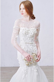Lace, Tulle Scoop Chapel Train Half Sleeve Mermaid Dress with Bead, Handmade Flowers