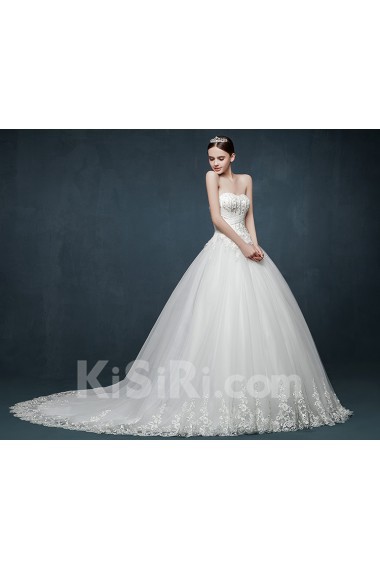 Tulle, Lace, Satin Sweetheart Chapel Train Sleeveless A-line Dress with Beads