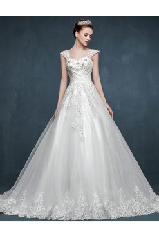 Tulle, Lace, Satin Off-the-Shoulder Chapel Train A-line Dress with Sequins, Applique