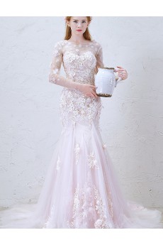 Lace, Chiffon Scoop Cathedral Train Long Sleeve Mermaid Dress with Handmade Flowers