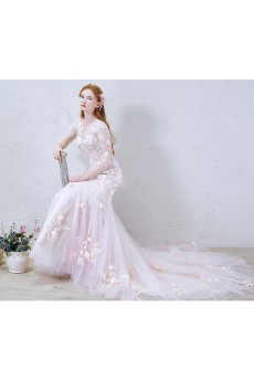 Lace, Chiffon Scoop Cathedral Train Long Sleeve Mermaid Dress with Handmade Flowers