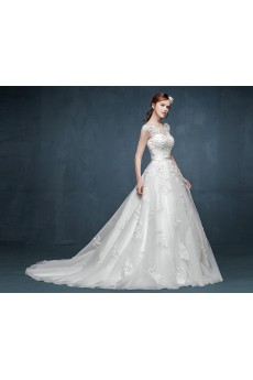 Tulle, Lace, Satin Scoop Chapel Train Cap Sleeve A-line Dress with Sequins, Sash