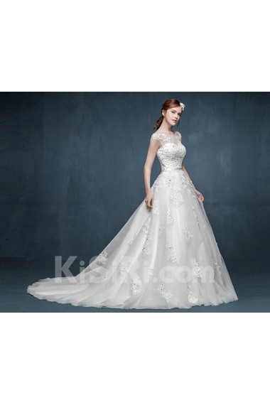 Tulle, Lace, Satin Scoop Chapel Train Cap Sleeve A-line Dress with Sequins, Sash