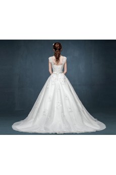 Tulle, Lace, Satin Scoop Chapel Train Cap Sleeve A-line Dress with Sequins, Sash