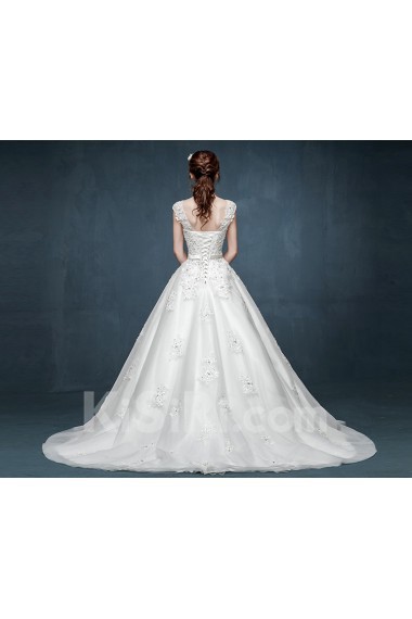 Tulle, Lace, Satin Scoop Chapel Train Cap Sleeve A-line Dress with Sequins, Sash