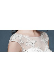 Tulle, Lace, Satin Scoop Chapel Train Cap Sleeve A-line Dress with Sequins, Sash
