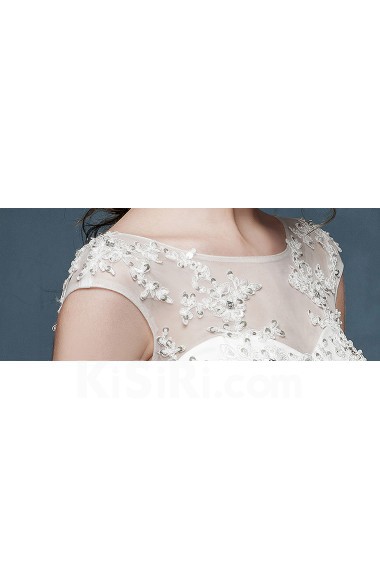 Tulle, Lace, Satin Scoop Chapel Train Cap Sleeve A-line Dress with Sequins, Sash