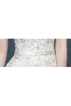 Tulle, Lace, Satin Scoop Chapel Train Cap Sleeve A-line Dress with Sequins, Sash