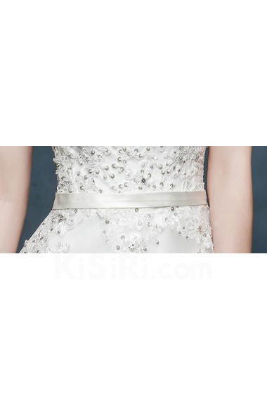 Tulle, Lace, Satin Scoop Chapel Train Cap Sleeve A-line Dress with Sequins, Sash