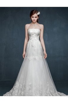 Tulle, Lace, Satin Strapless Sweep Train Sleeveless A-line Dress with Rhinestone