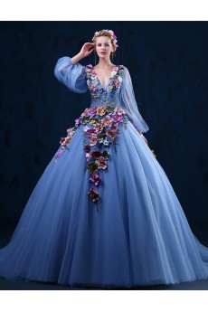 Tulle, Lace V-neck Chapel Train Long Sleeve Ball Gown Dress with Handmade Flowers