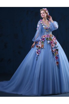 Tulle, Lace V-neck Chapel Train Long Sleeve Ball Gown Dress with Handmade Flowers