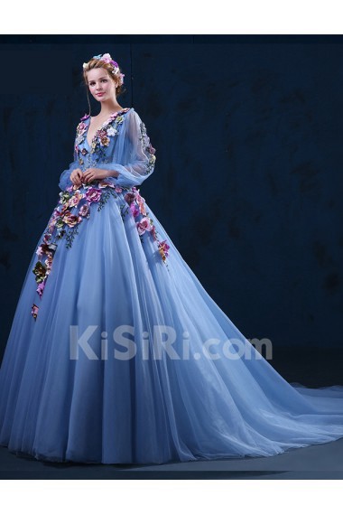 Tulle, Lace V-neck Chapel Train Long Sleeve Ball Gown Dress with Handmade Flowers