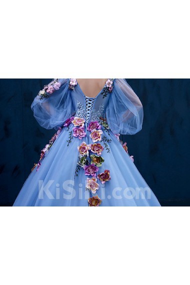 Tulle, Lace V-neck Chapel Train Long Sleeve Ball Gown Dress with Handmade Flowers