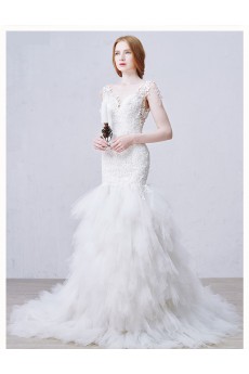 Lace, Tulle, Satin V-neck Cathedral Train Sleeveless Mermaid Dress with Flower